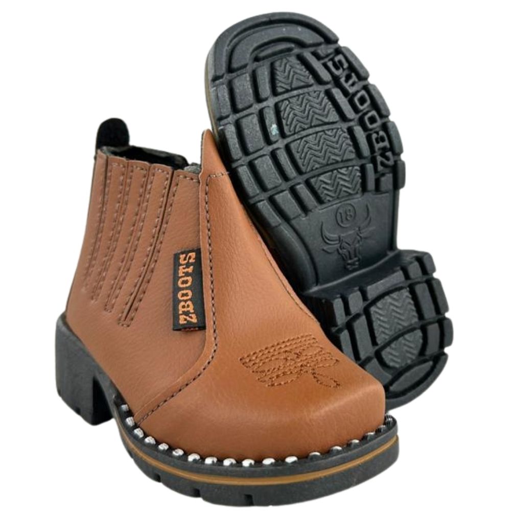 Botina Infantil Zboots Bico Quadrado Conhaque Zíper E Elástico Solado Preto - REF:B8205