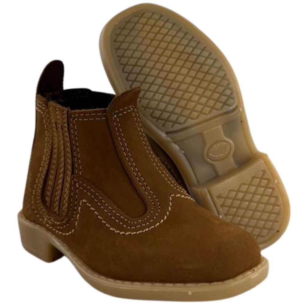 Botina Infantil Zboots Bico Quadrado Couro Nobuck Castor Com Solado PVC - REF:8802