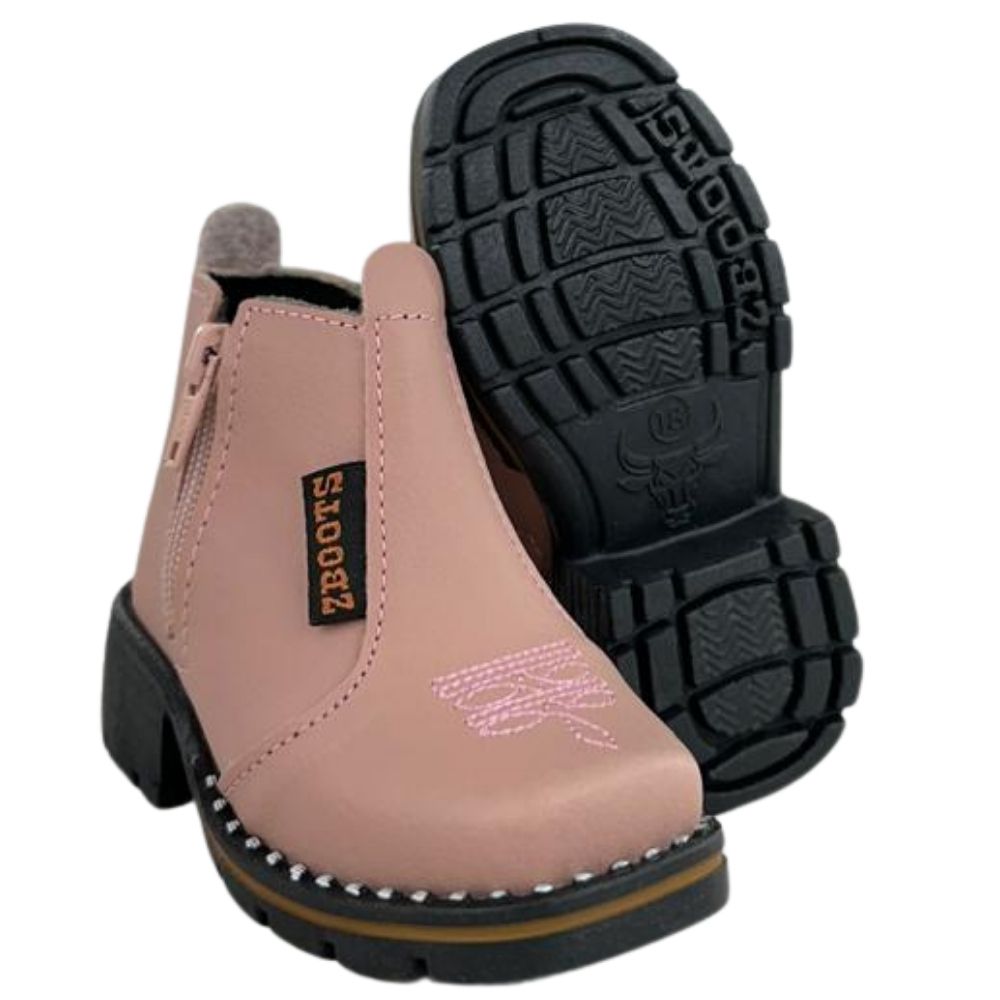 Botina Infantil Zboots Bico Quadrado Rosa Zíper Solado Preto - REF:B8206