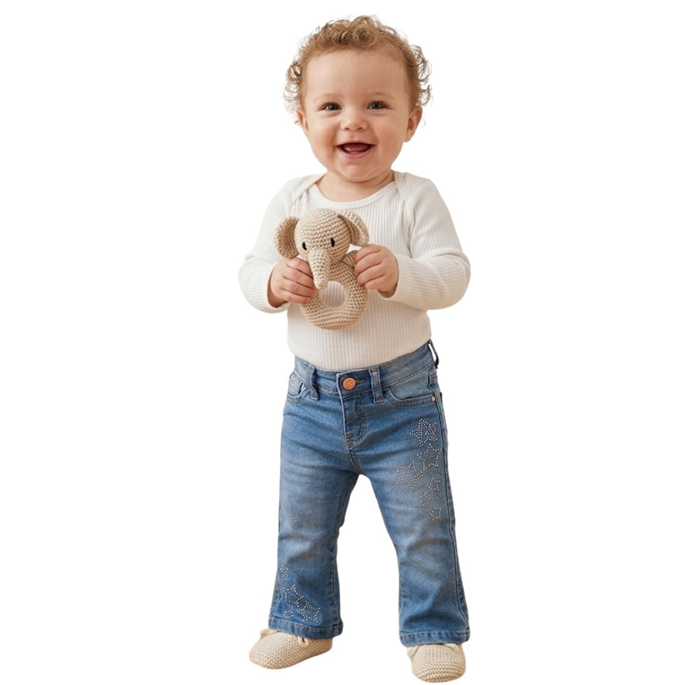 Calça Bebê Baby Ranch Jeans Azul Destroyer Flare Bootcut Com Bordado Estrelas De Strass Rosa E Branco Ref:3011