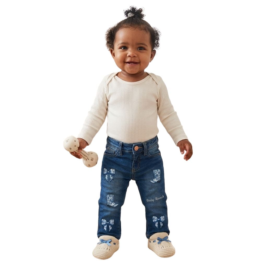 Calça Bebê Baby Ranch Jeans Azul Médio Barra Flare Com Aplique Laço E Bota Em Azul E Branco Ref:3009