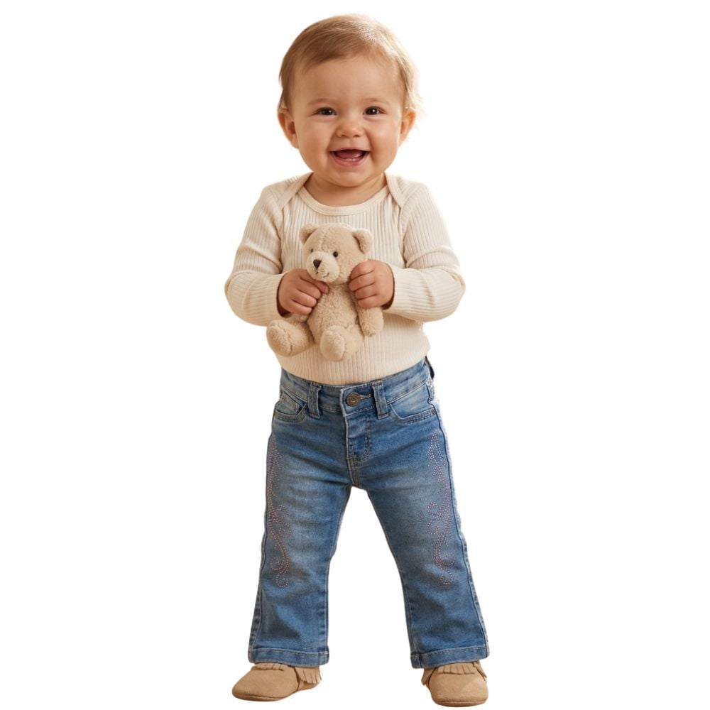 Calça Bebê Baby Ranch Jeans Destroyer Barra Flare Com Bordado Strass Rosa Ref:2017-3009