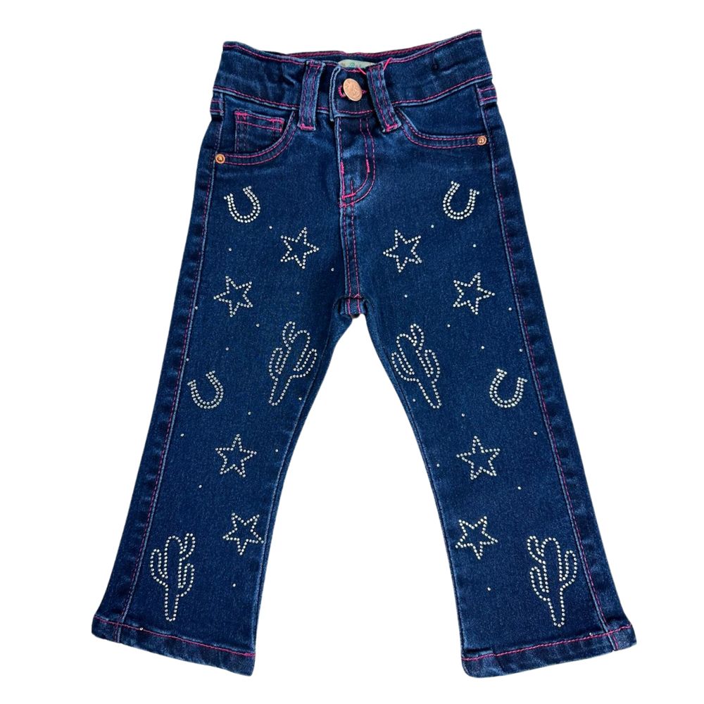 Calça Feminina Infantil Baby Ranch Jeans Azul Escuro Com Brilhos Em Formato De Estrelas Ref:2002