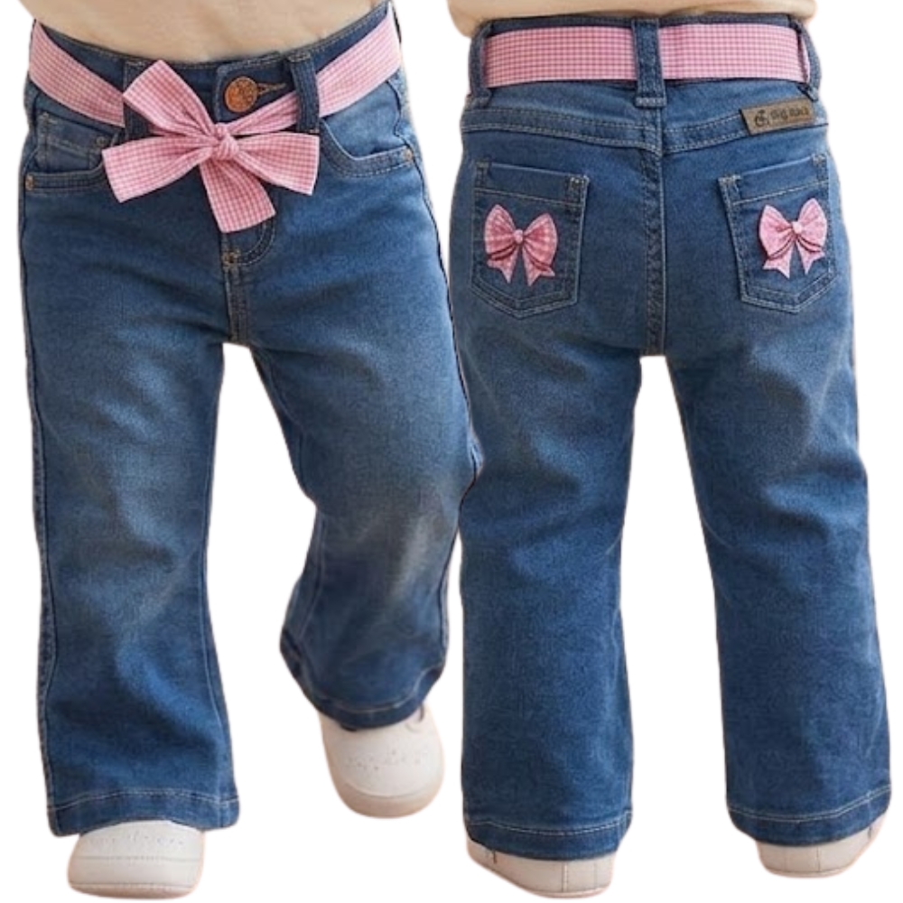 Calça Infantil Baby Ranch Feminina Destroyer Cinto Xadrez Rosa Estampa De Laço REF:3018