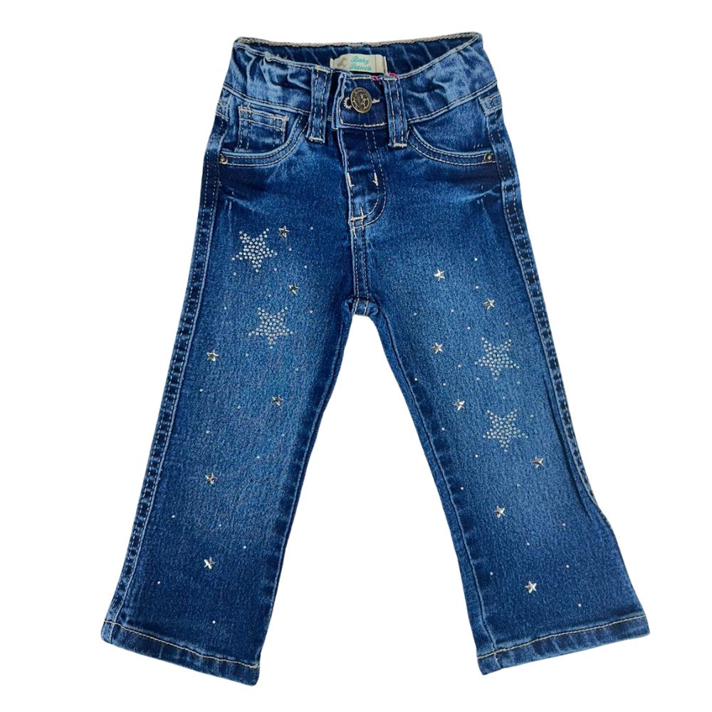 Calça Infantil Baby Ranch Jeans Azul Stonada Flare Stars E Pedraria Ref:2007