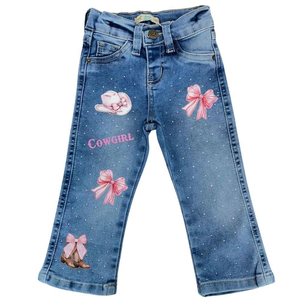 Calça Infantil Baby Ranch Jeans Destroyed Estampada E Strass Ref:2017