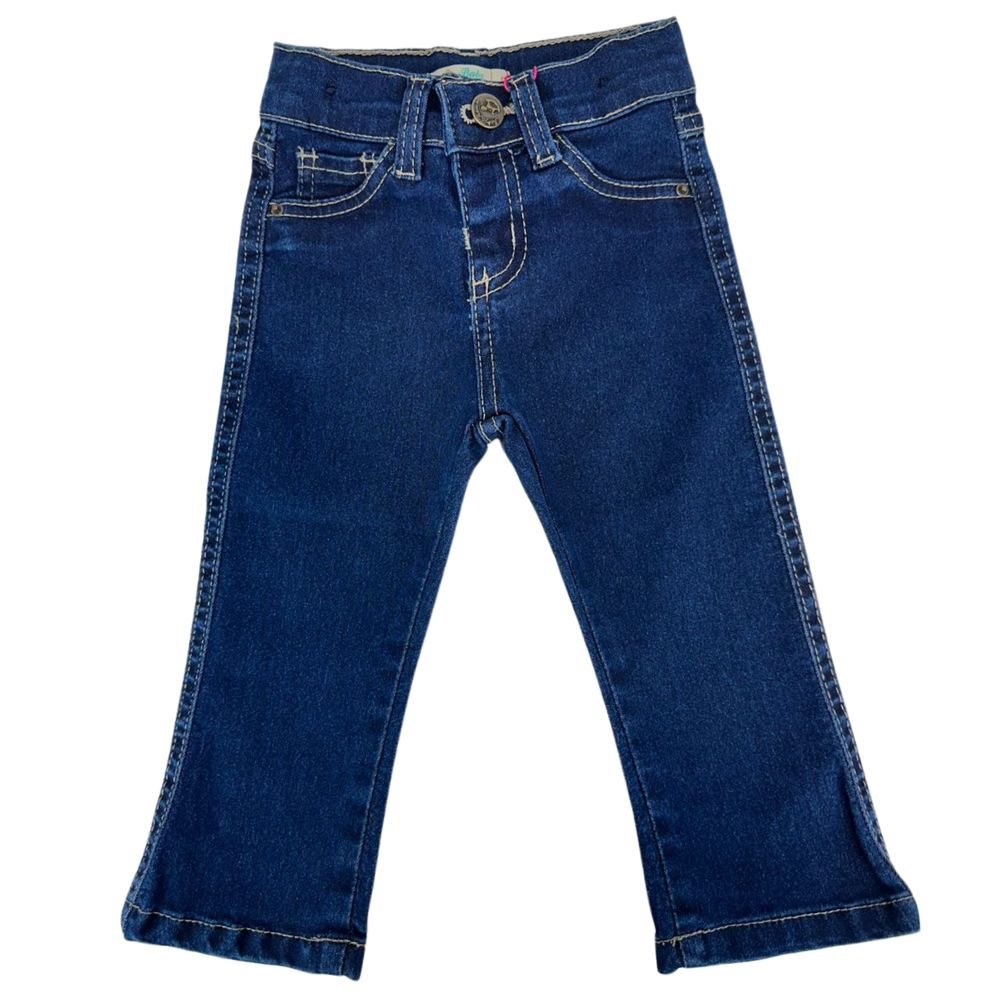 Calça Infantil Baby Ranch Jeans Feminina Básica Azul Escuro Com Costura Bege Ref:2012