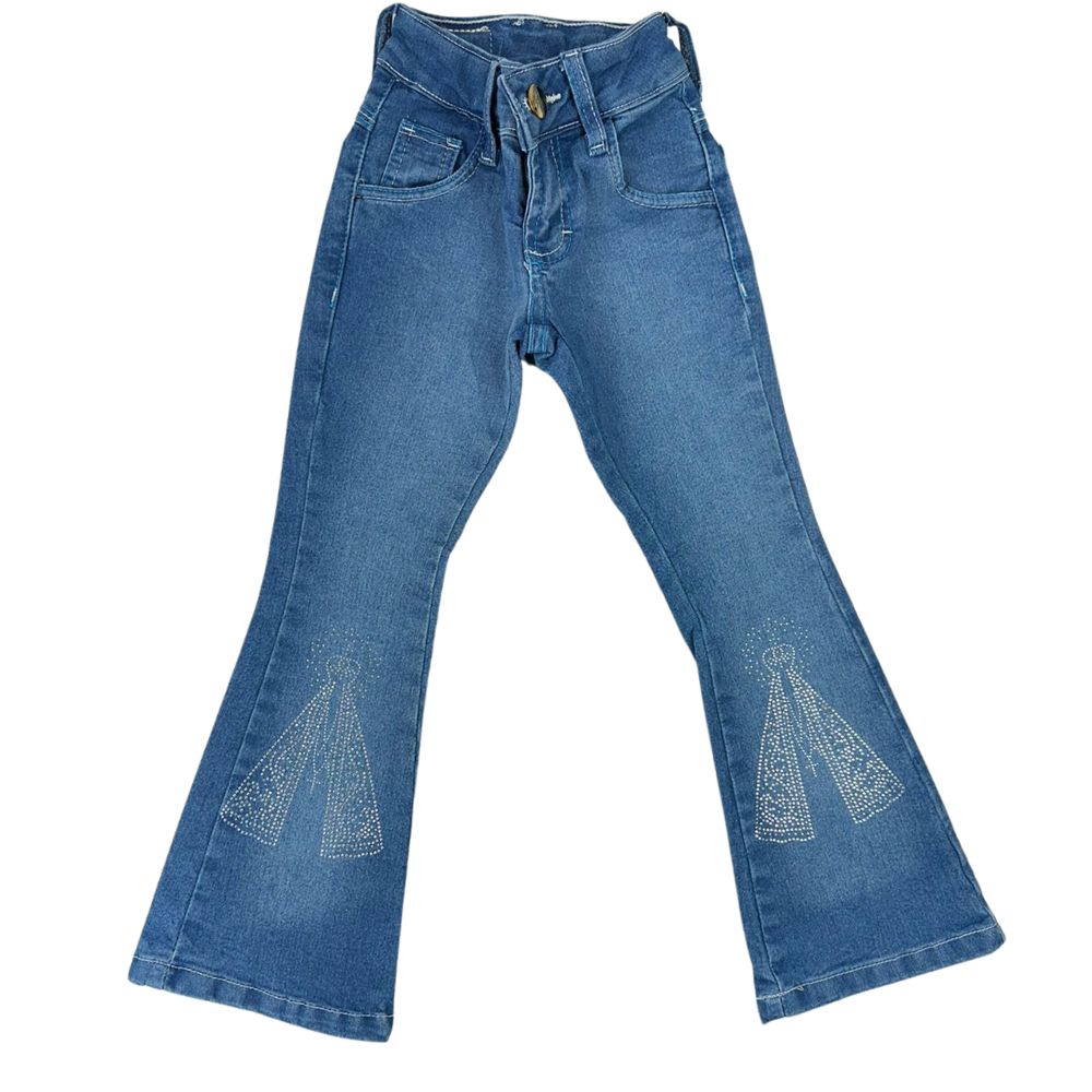 Calça Infantil Best Rodeio Country Jeans Azul Médio Flare Com Bordado Brilho Nossa Senhora Ref:F945