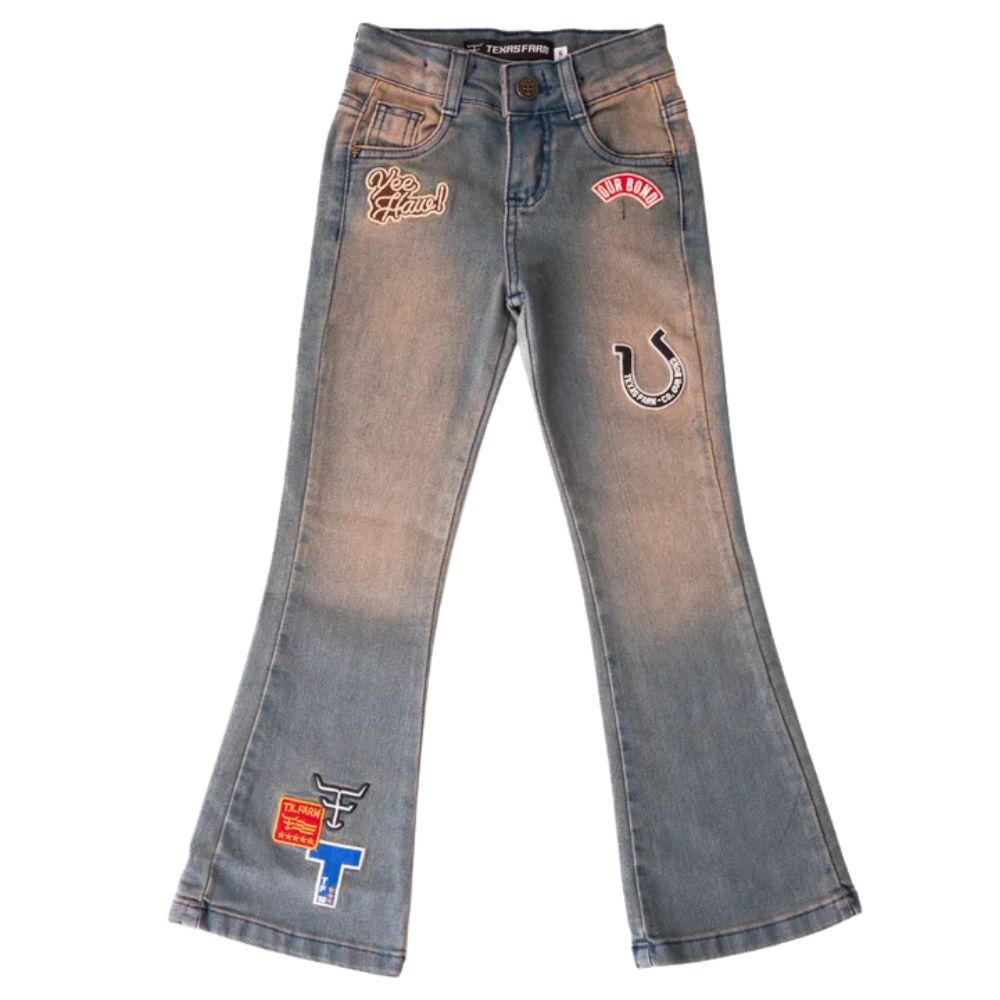 Calça Infantil Feminina Texas Farm Heritage Jeans Manchado Com Bordados Flare Ref:PDF MINI 006