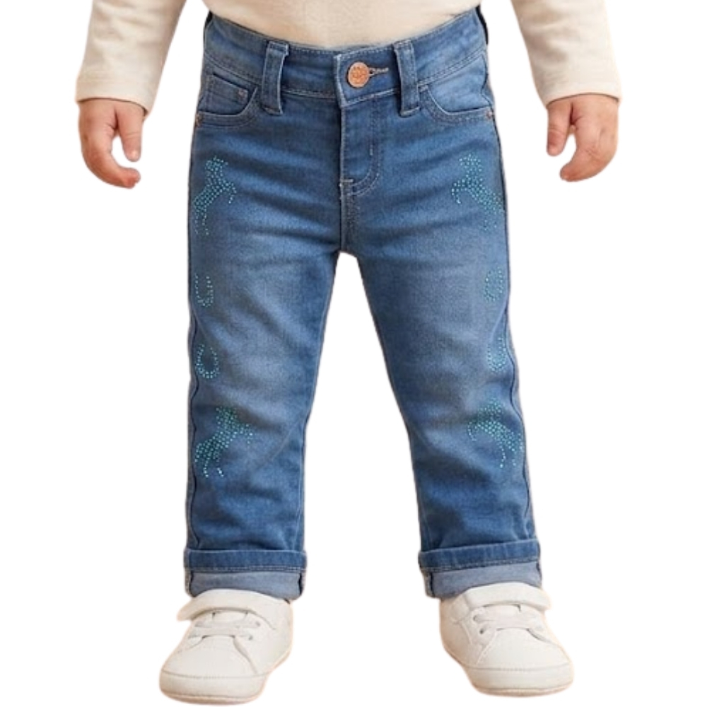 Calça Infantil Feminina Baby Ranch Azul Médio Bordado Ferradura E Cavalinho Com Brilho REF:3020