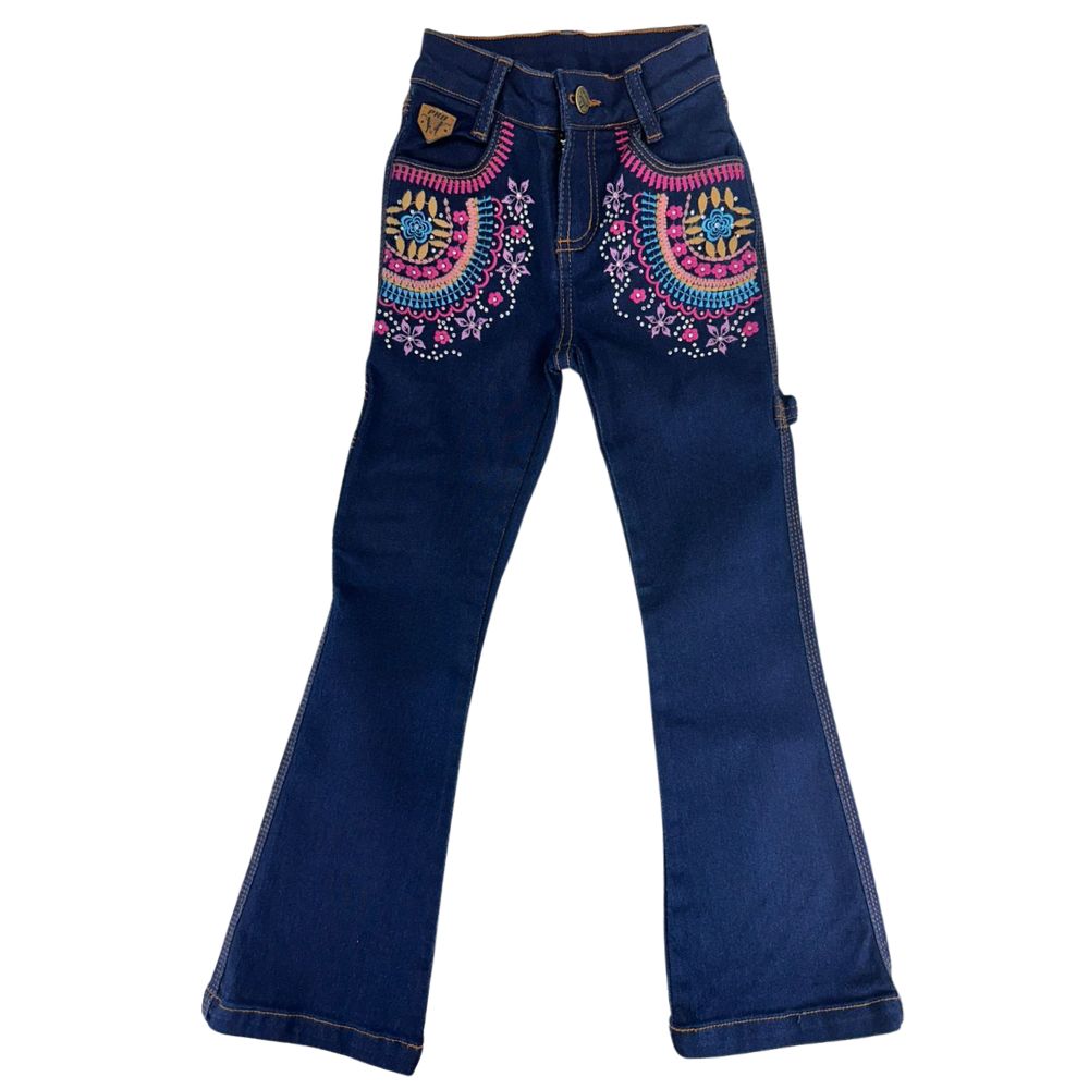 Calça Infantil Feminina PRB Country Jeans Azul Escuro Carpinteira Com Bordado Pink Azul E Lilás E Brilhos Ref:1604