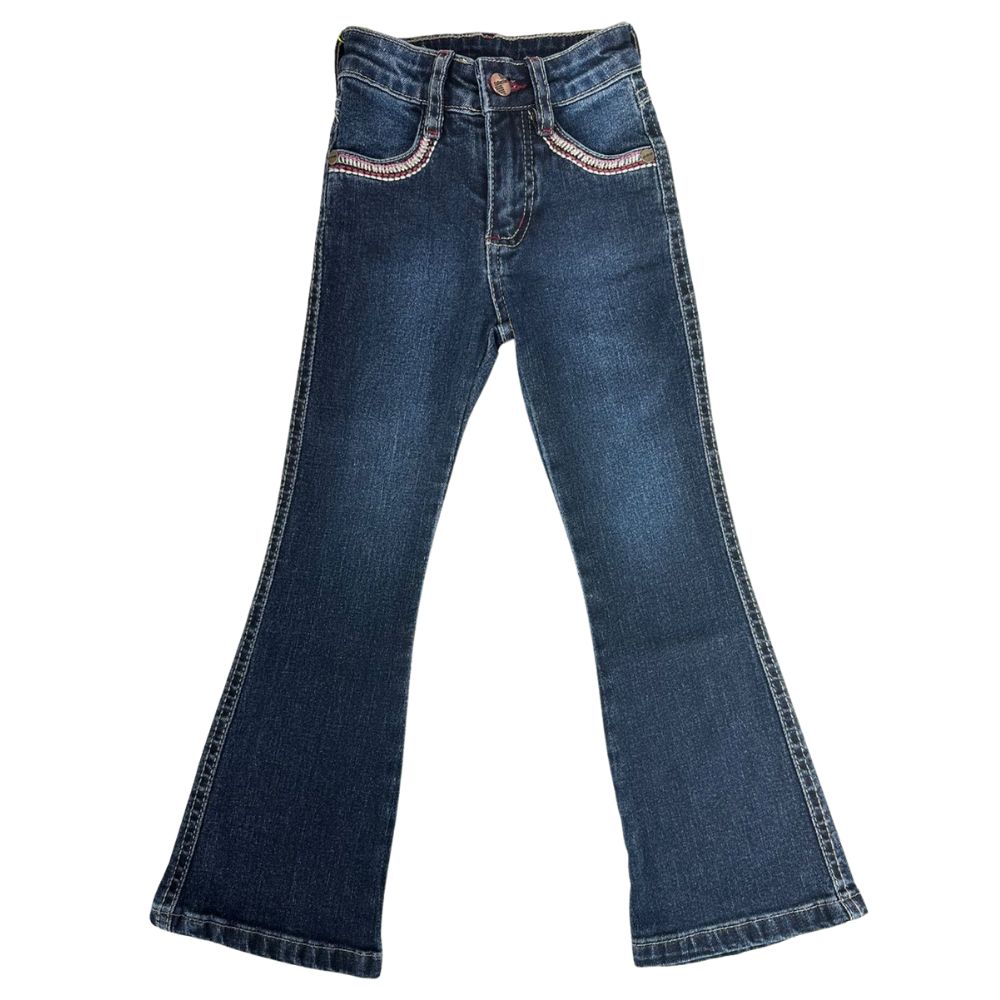 Calça Infantil Feminina PRB Country Jeans Azul Escuro Flare Com Bordado Rosa Nos Bolsos Ref:1626