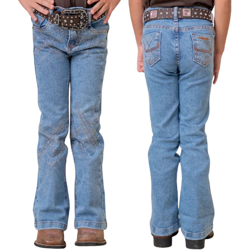 Calça Infantil Feminina Texas Farm Away Jeans Claro Flare Bordado Em Strass Ref: PDFMINI007