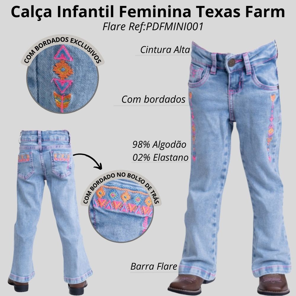 Calça Infantil Feminina Texas Farm Intuition Jeans Claro Bordado