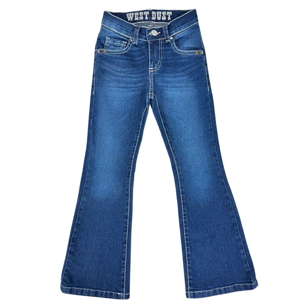 Calça Infantil Feminina West Dust Jeans Azul Médio Raia Bootcut C/ Bordado De Cocar Nos Bolsos Ref: CL29323