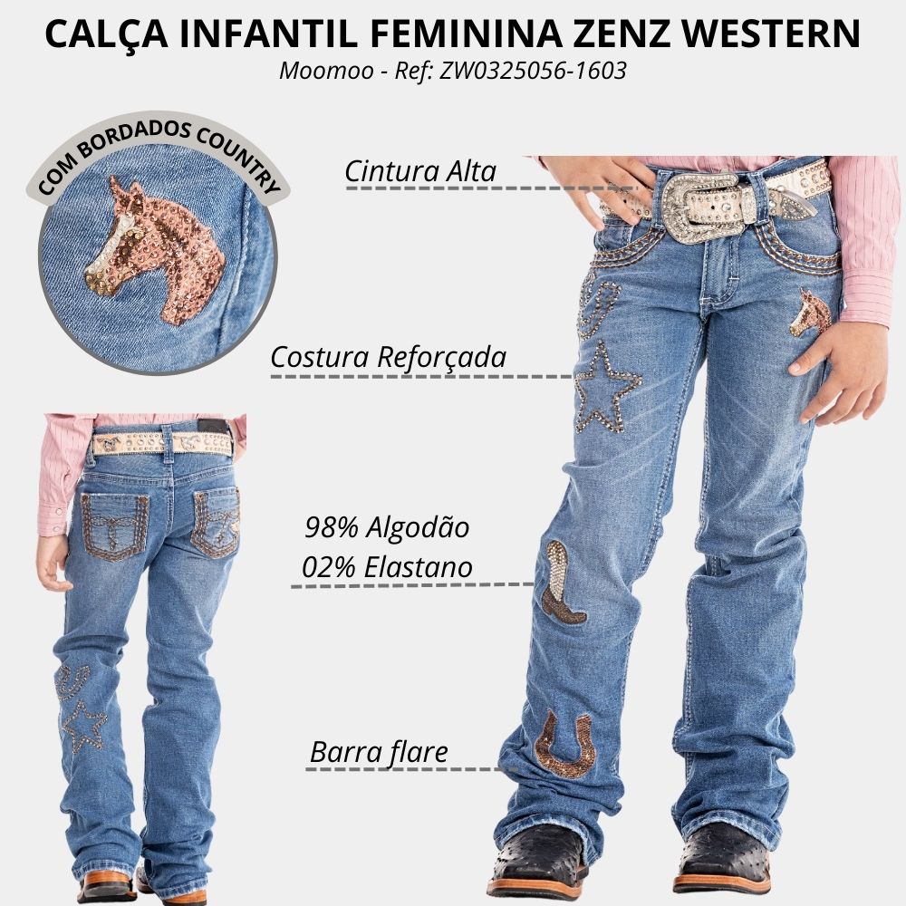 Calça Infantil Feminina Zenz Western Jeans Kids Moomoo Azul Médio