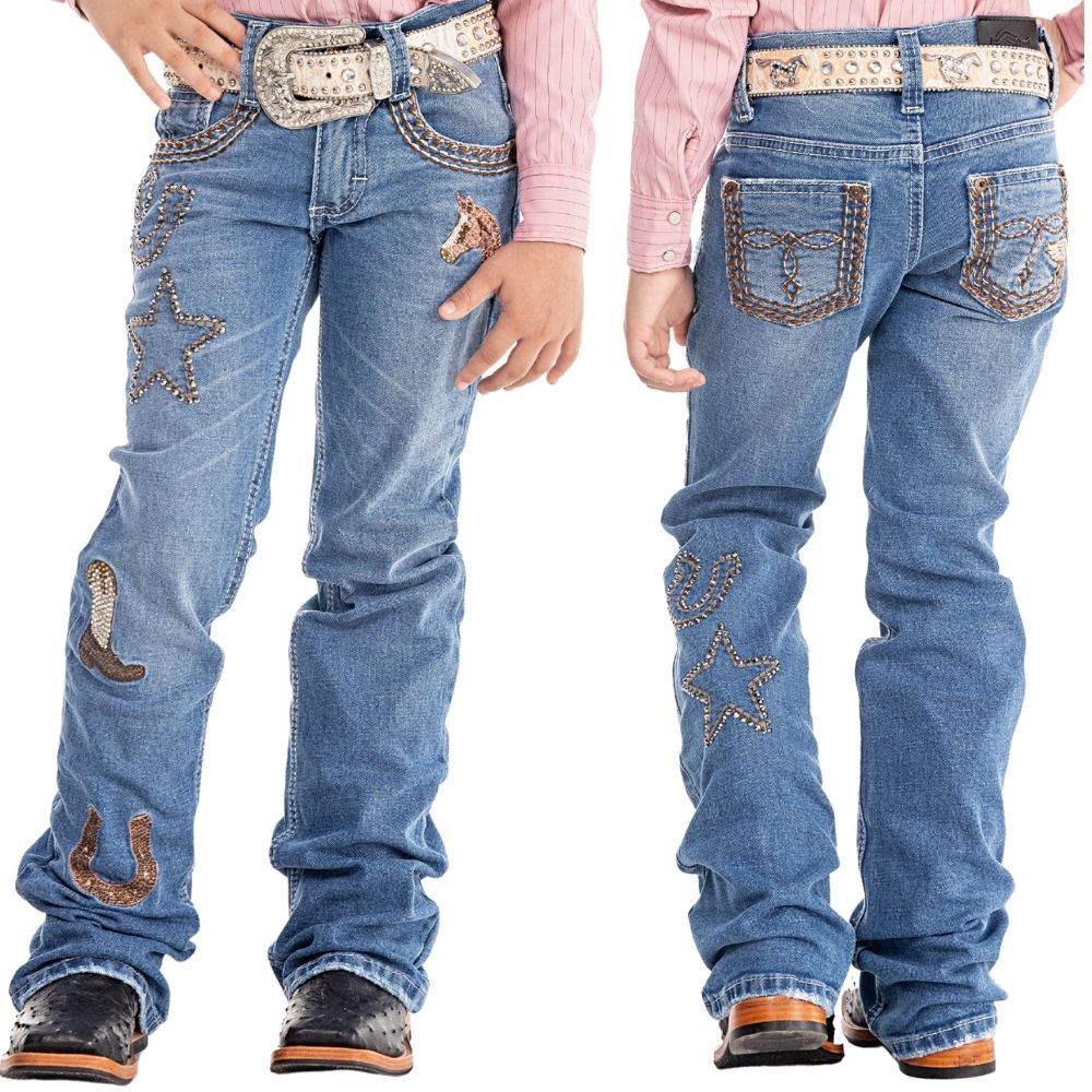 Calça Infantil Feminina Zenz Western Jeans Kids Moomoo Azul Médio Bordados E Strass Ref:ZW0325056-1603