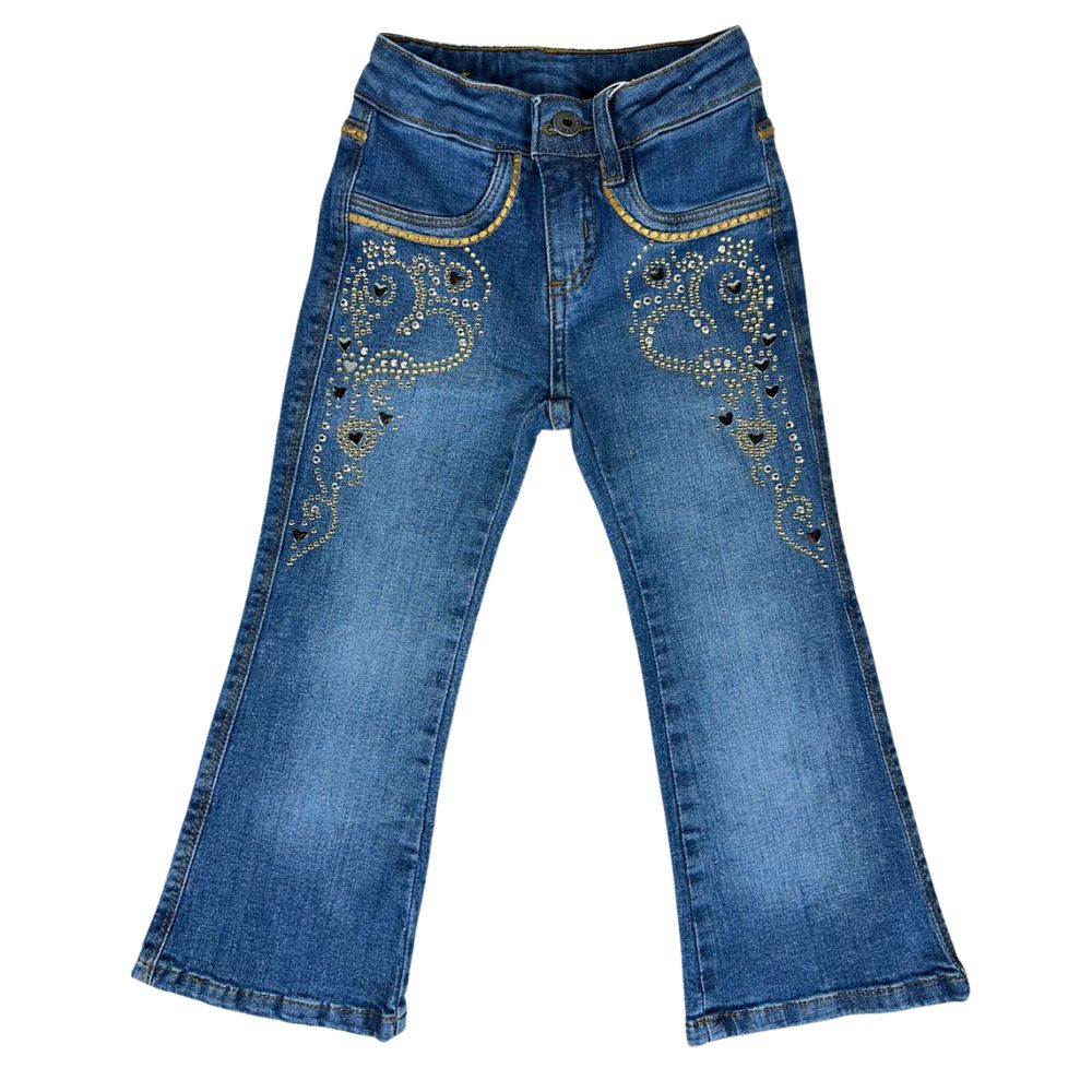 Calça Infantil Minuty Jeans Azul Feminina Flare Bordada Com Strass Ref:251847