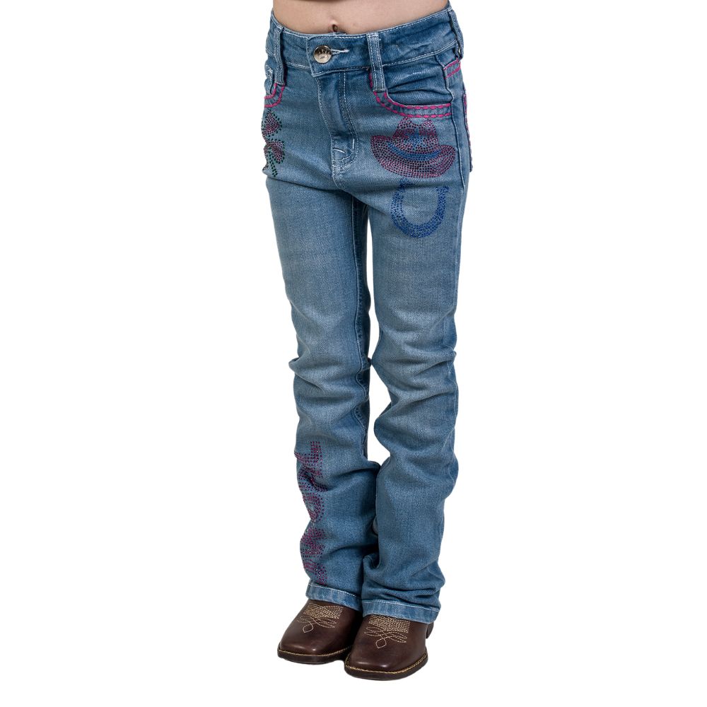 Calça Infantil Miss Country Jeans Azul Claro Cowgirl Bordado Com Brilhos Rosa E Presponto Rosa Ref:1052