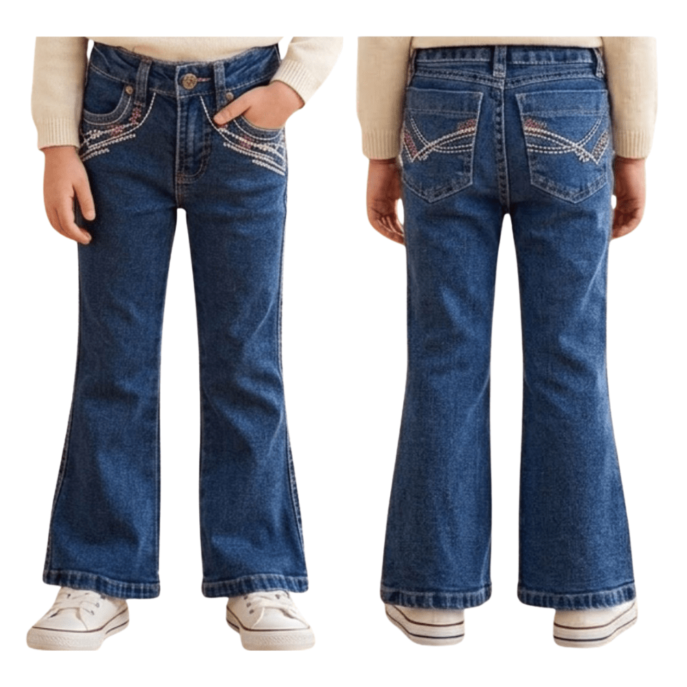 Calça Infantil PRB Feminina Country Azul Médio Flare Com Bordado Rosa Ref:1630