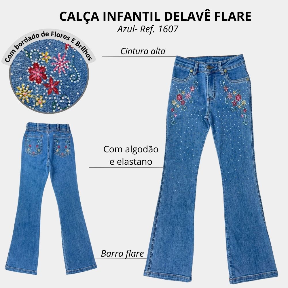 Calca Infantil PRB Jeans Azul Delavê Flare Country Bordada Com