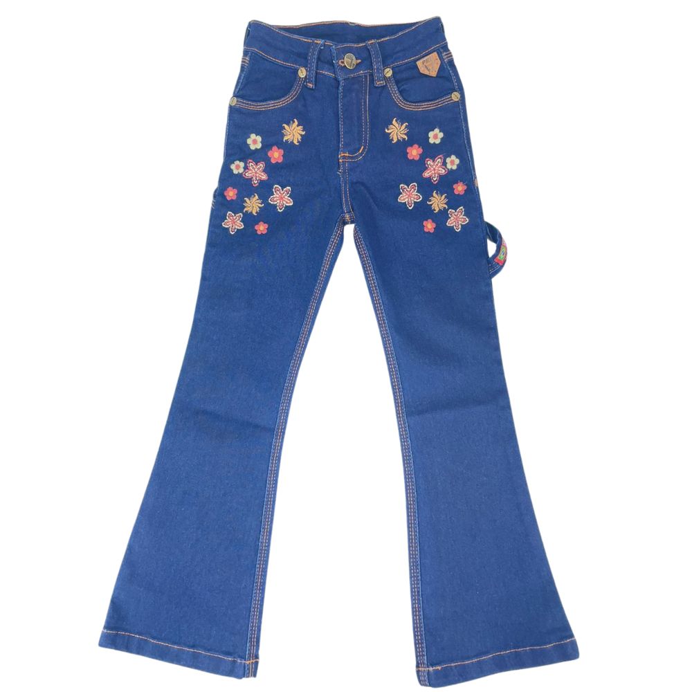 Calça Infantil PRB Jeans Azul Escuro Flare Carpinteira Bordada Com Flores Ref: 605