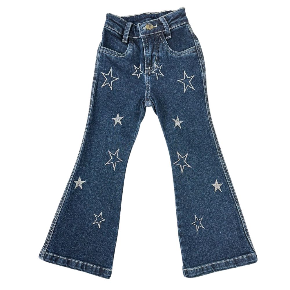 Calça Infantil PRB Jeans Azul Escuro Flare Com Bordados De Estrelas Em Prata Ref:1611