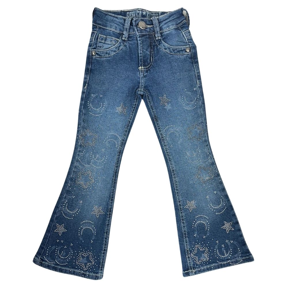 Calça Infantil República Caipira Jeans Maya Stonada Com Brilho de Estrelas Flare Ref.2050