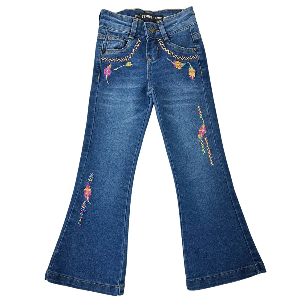 Calça Infantil Texas Farm Vitality Jeans Azul Médio Flare Com Bordados De Pena E Flecha Em Amarelo/Pink Ref:PDFMINI003