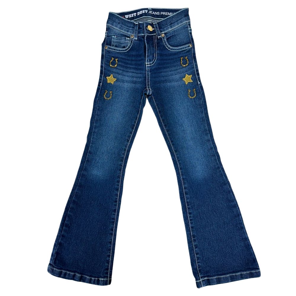 Calça Infantil West Dust Jeans Azul Escuro Mix Bootcut  Com Detalhes De Strass E Bordado Ref:CL30347