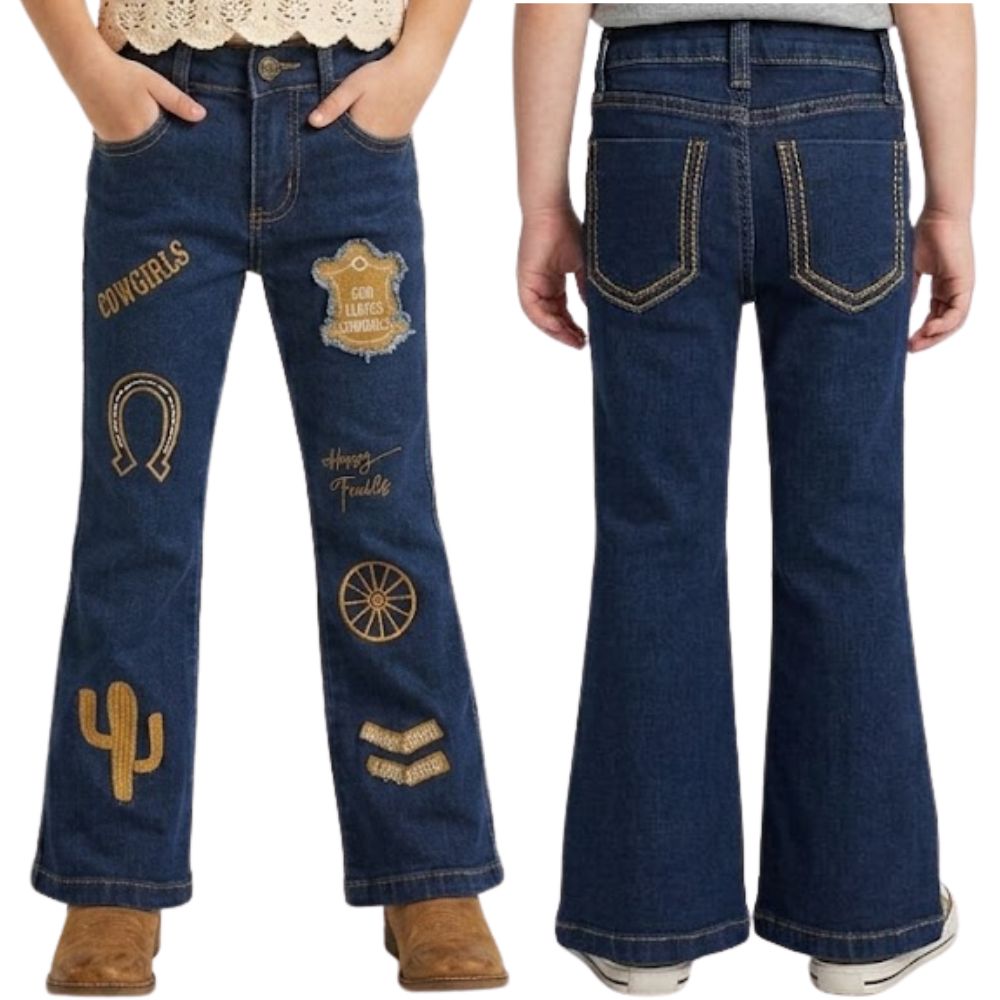 Calça Infantil Feminina PRB Flare Azul Médio Com Bordados Em Marrom - REF:1631
