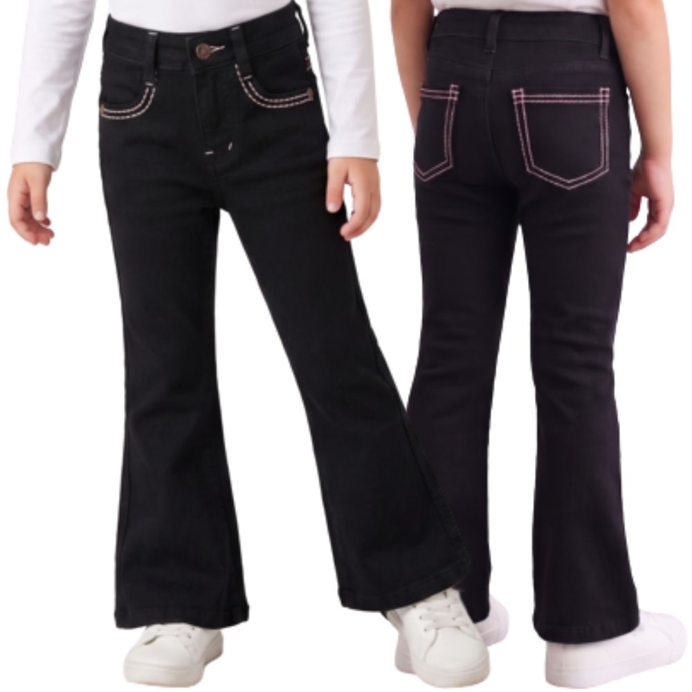 Calça Infantil Feminina PRB Flare Preta Com Bordado Rosa Nos Bolsos - REF:1629