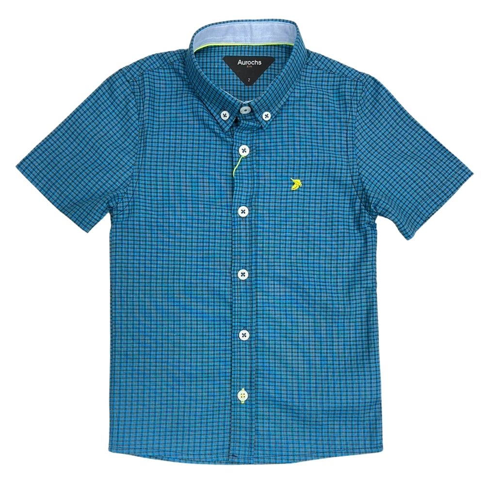 Camisa Infantil Aurochs Manga Curta Xadrez Azul Royal Com Logo Bordado Amarelo