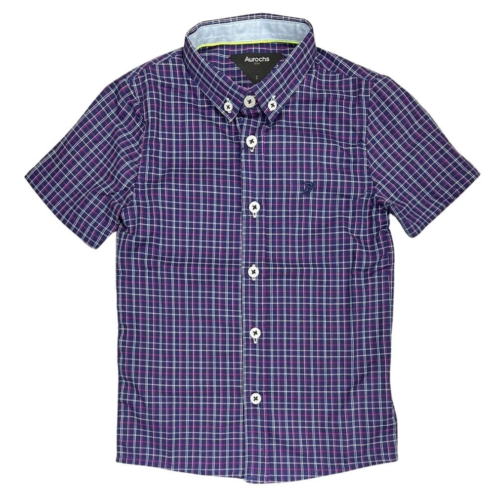 Camisa Infantil Aurochs Manga Curta Xadrez Roxo/Branco Com Logo Azul Escuro