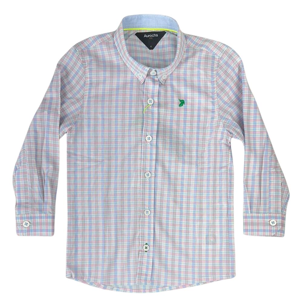 Camisa Infantil Aurochs Manga Longa Sem Bolso Xadrez Rosa Claro/Azul Claro Com Logo Bordado Verde