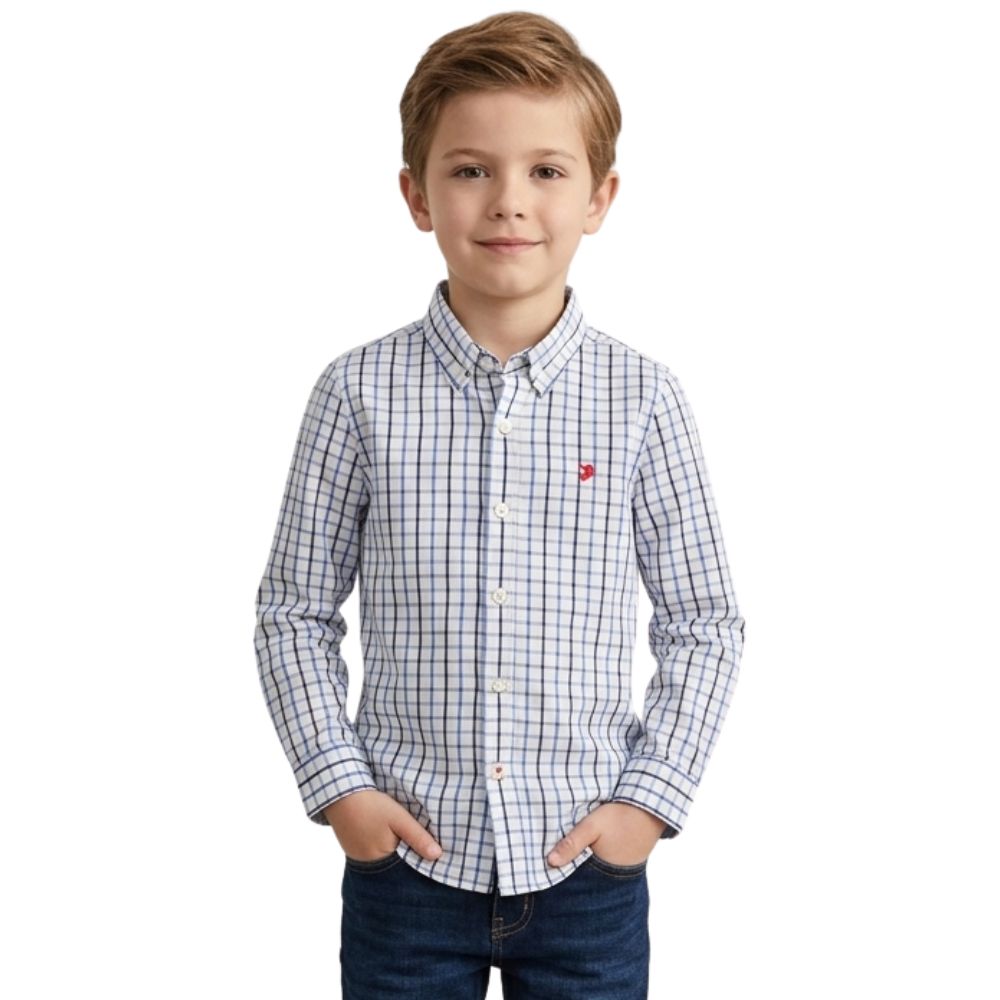 Camisa Infantil Aurochs Manga Longa Xadrez Branco E Azul Claro Sem Bolso Com Logo Bordado Vermelho Ref:036