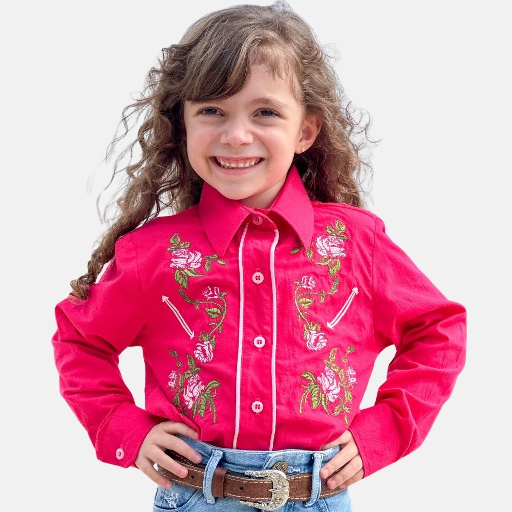 Camisa Infantil Country City Pink Manga Longa Com Bordado De Rosas Ref: DANI CBD2045