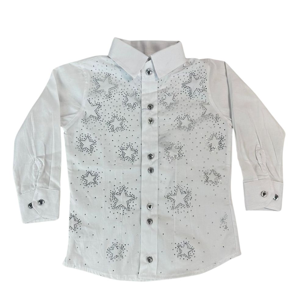 Camisa Infantil Feminina Laço Forte Manga Longa Branca Com Pedras Desenho Estrelas Com Brilho Ref:460-2024