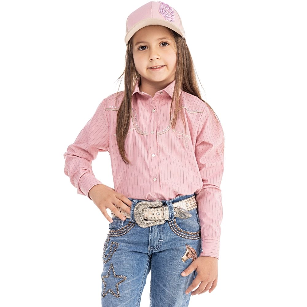 Camisa Infantil Feminina Zenz Western Kids Pegasus Rosa Listra Vermelha Bordado E Brilho Ref: ZW032555-1557