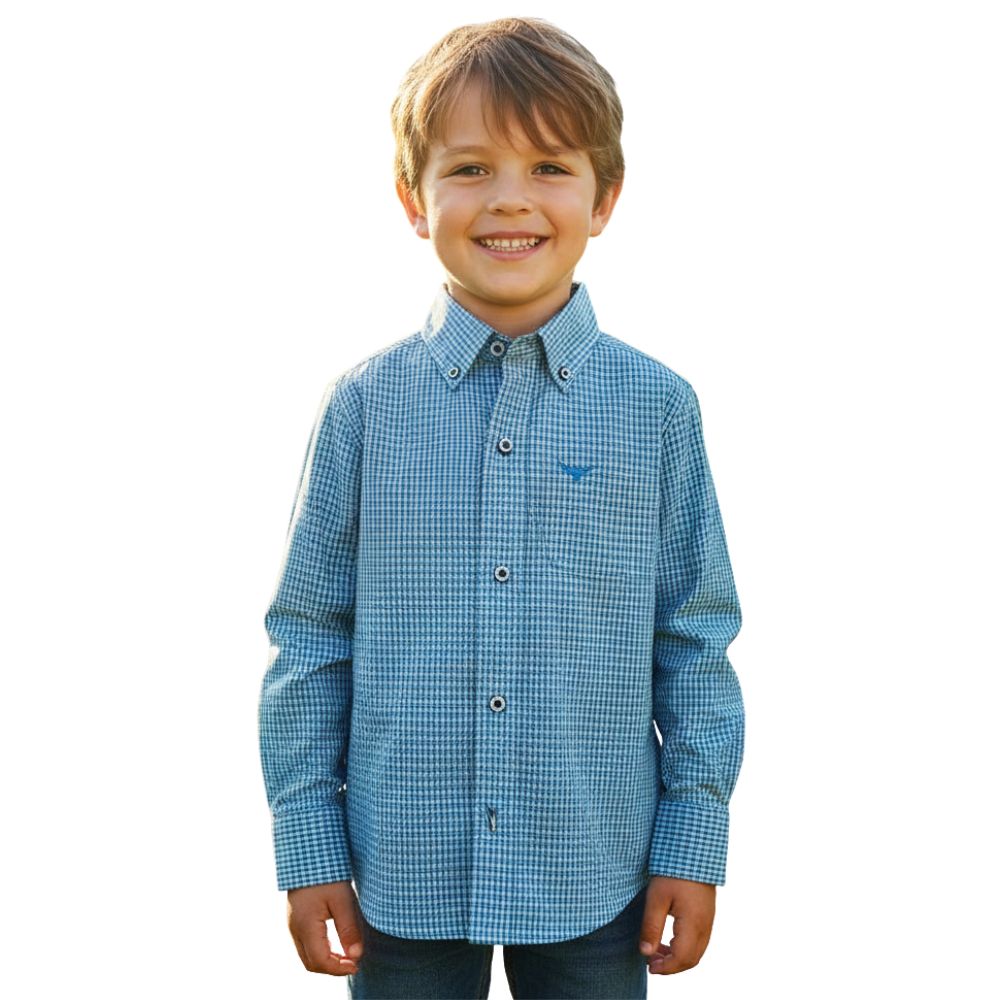 Camisa Infantil Laço Forte Manga Longa Xadrez Azul Com Logo Azul Manga Longa Ref:1711