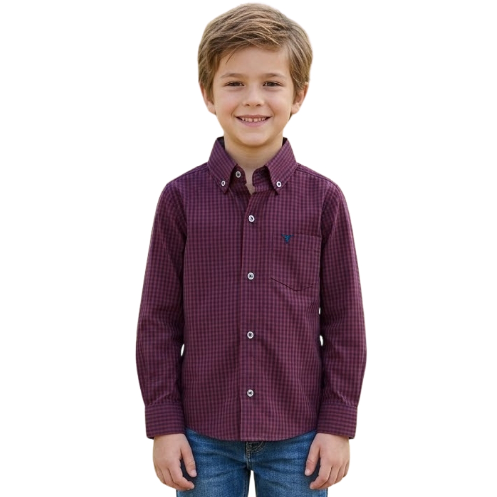 Camisa Infantil Laço Forte Manga Longa Xadrez Azul Marinho E Vermelho Bordado Azul Marinho Ref:1711