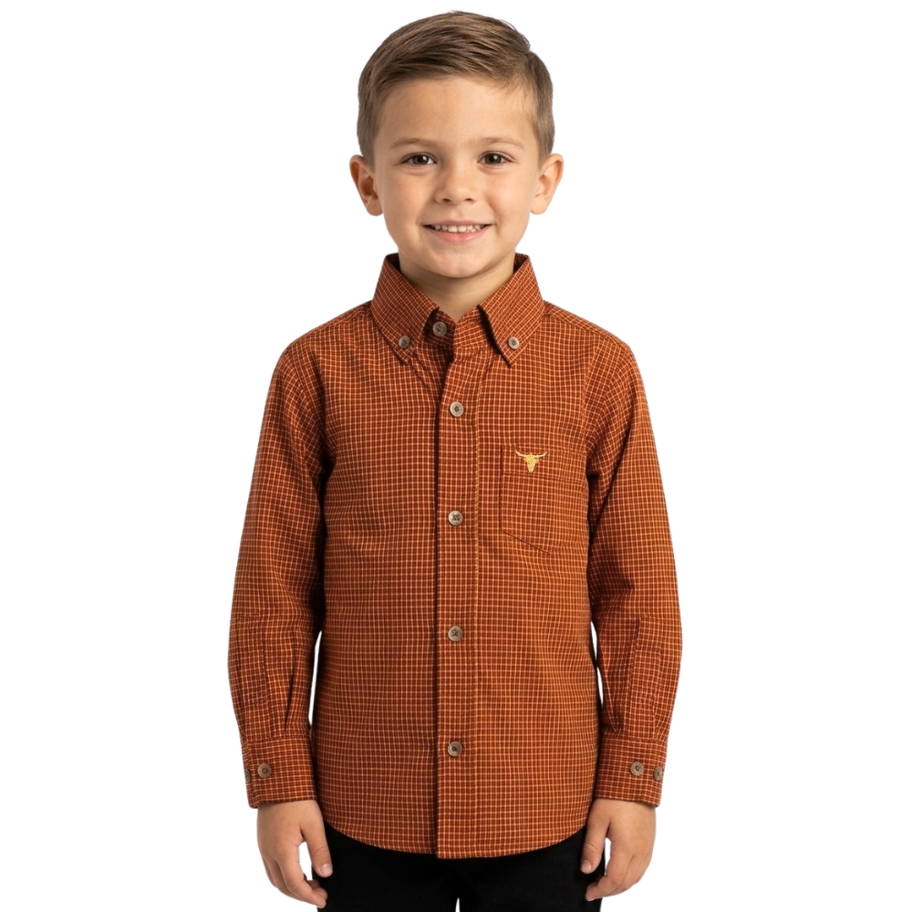 Camisa Infantil Laço Forte Manga Longa Xadrez Laranja Abóbora Logo Laranja Ref:1711