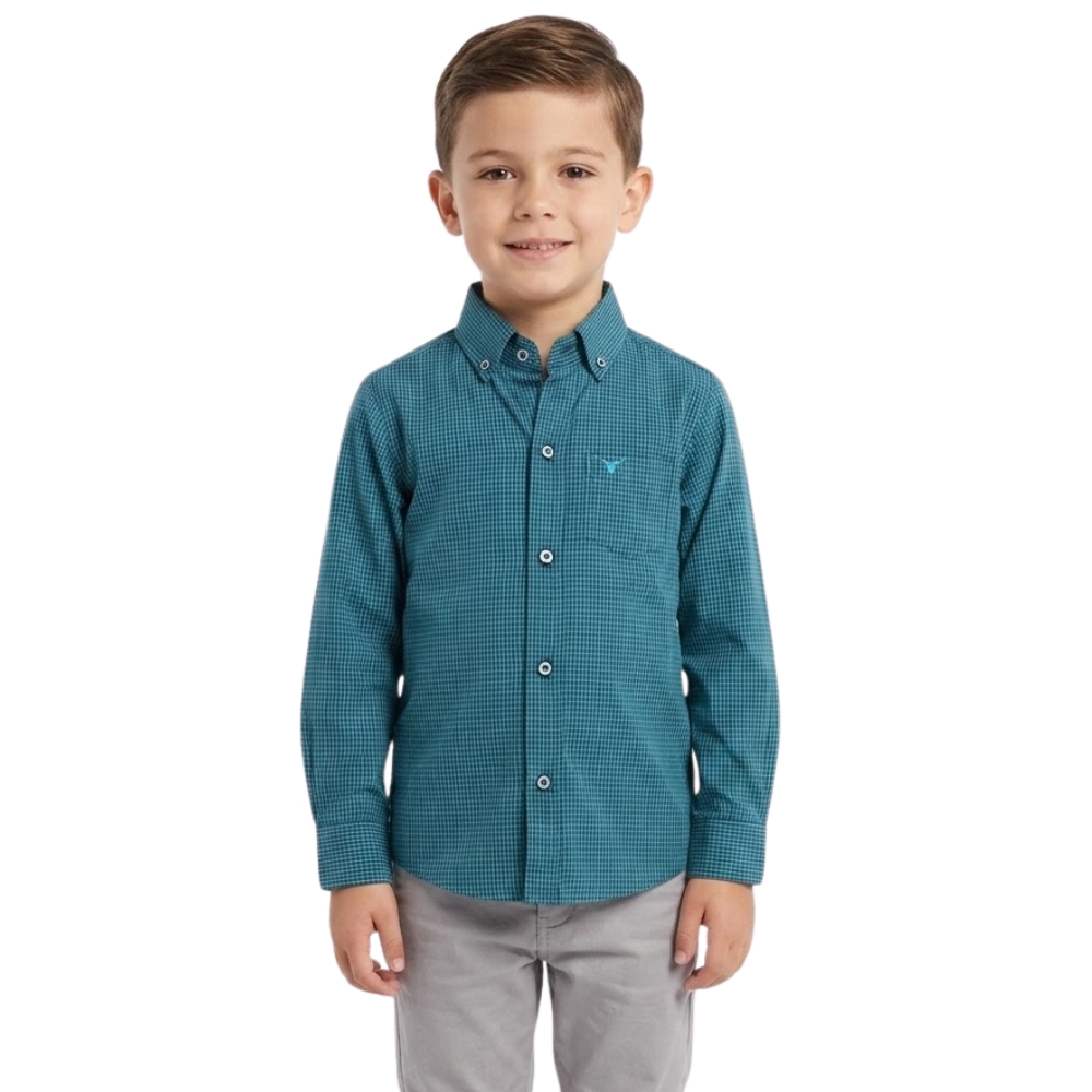 Camisa Infantil Laço Forte Manga Longa Xadrez Verde Água Logo Azul Claro Ref:1711
