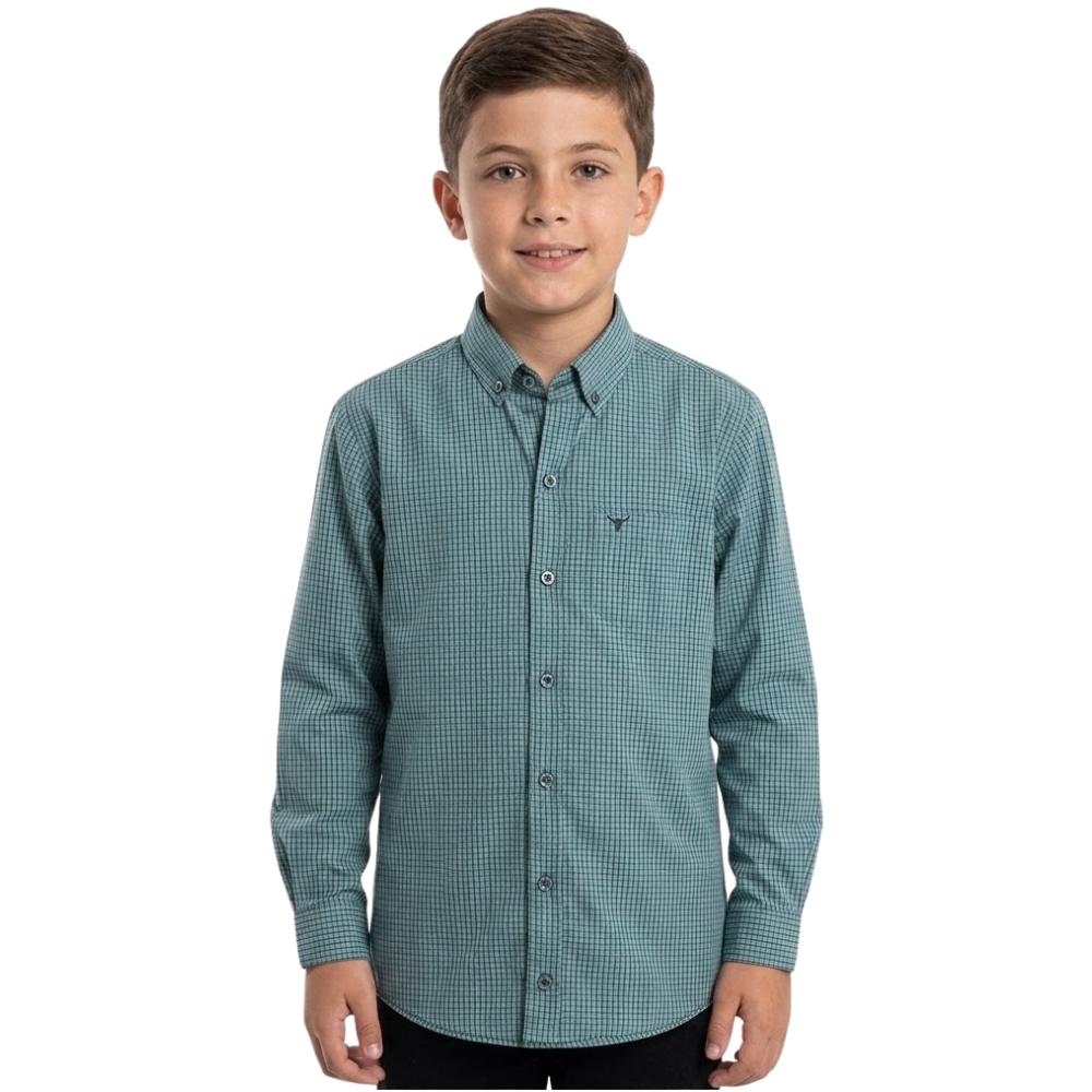 Camisa Infantil Laço Forte Manga Longa Xadrez Verde Àgua Logo Preto Ref:1711