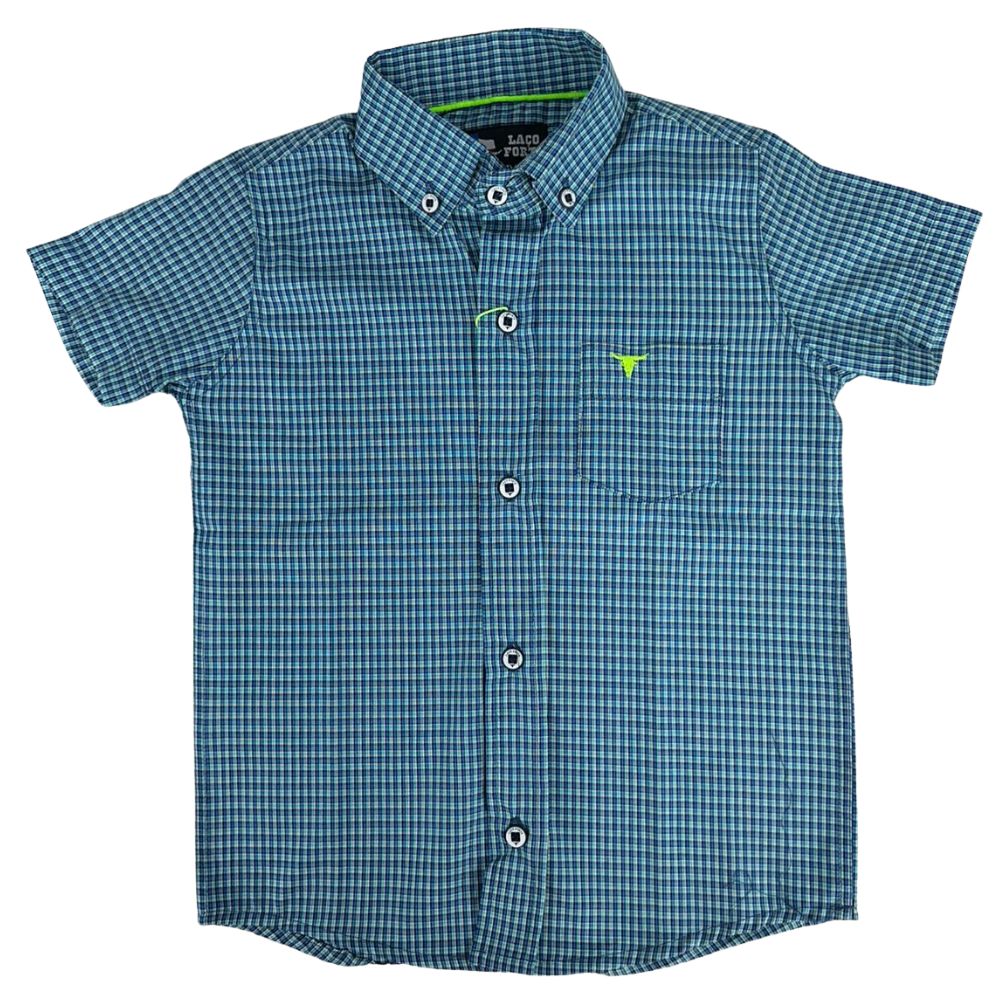 Camisa Infantil Laço Forte Xadrez Azul Claro Manga Curta Com Logo Verde Neon Ref:1710