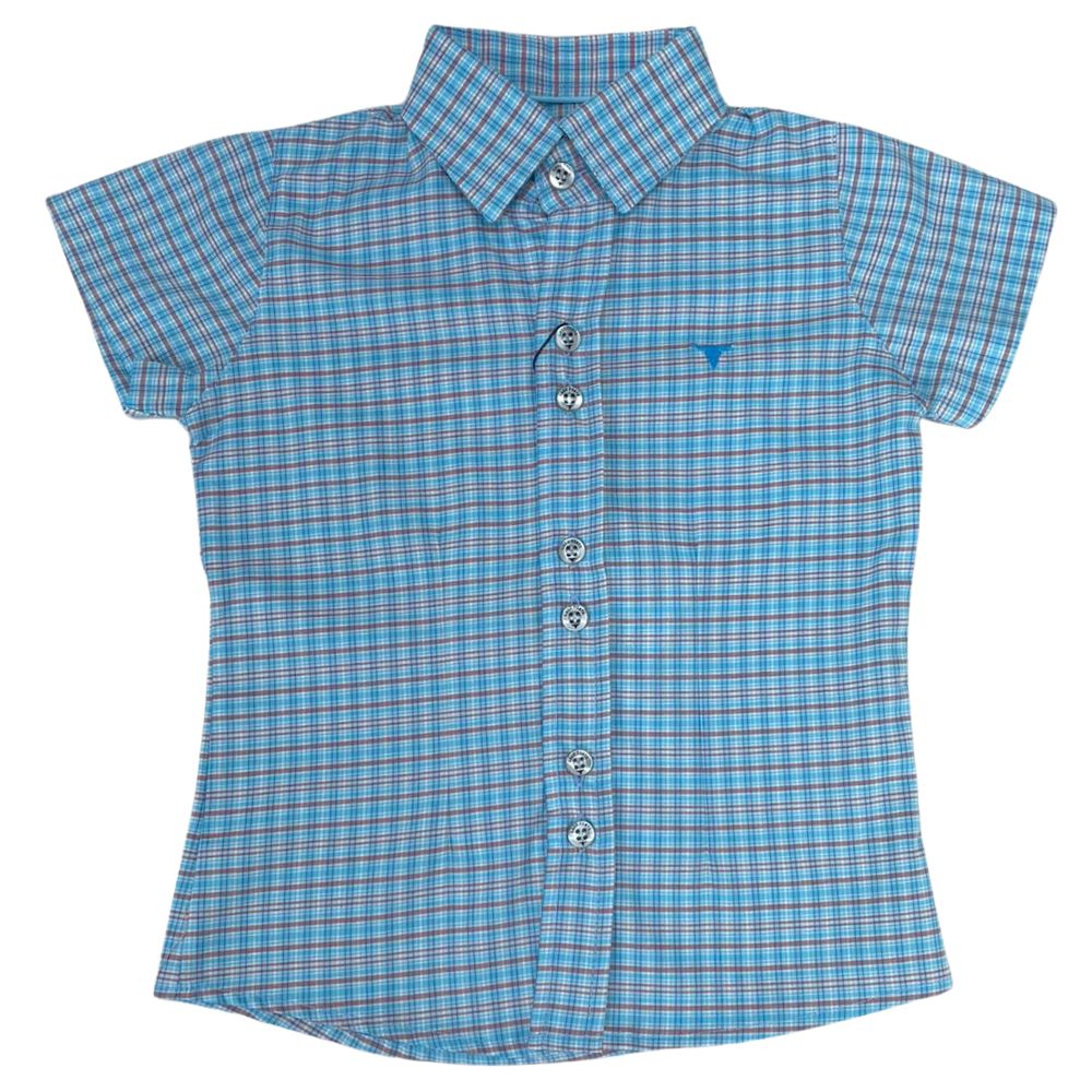 Camisa Infantil Laço Forte Xadrez Azul Claro/Vermelho Manga Curta Logo Azul Ref: 2024