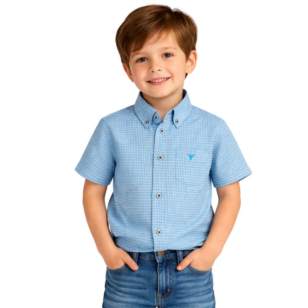 Camisa Infantil Laço Forte Xadrez Azul Com Logo Azul Manga Curta Ref:1710