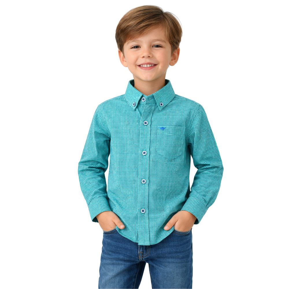 Camisa Infantil Laço Forte Xadrez Azul Com Logo Azul Manga Longa Ref:1711