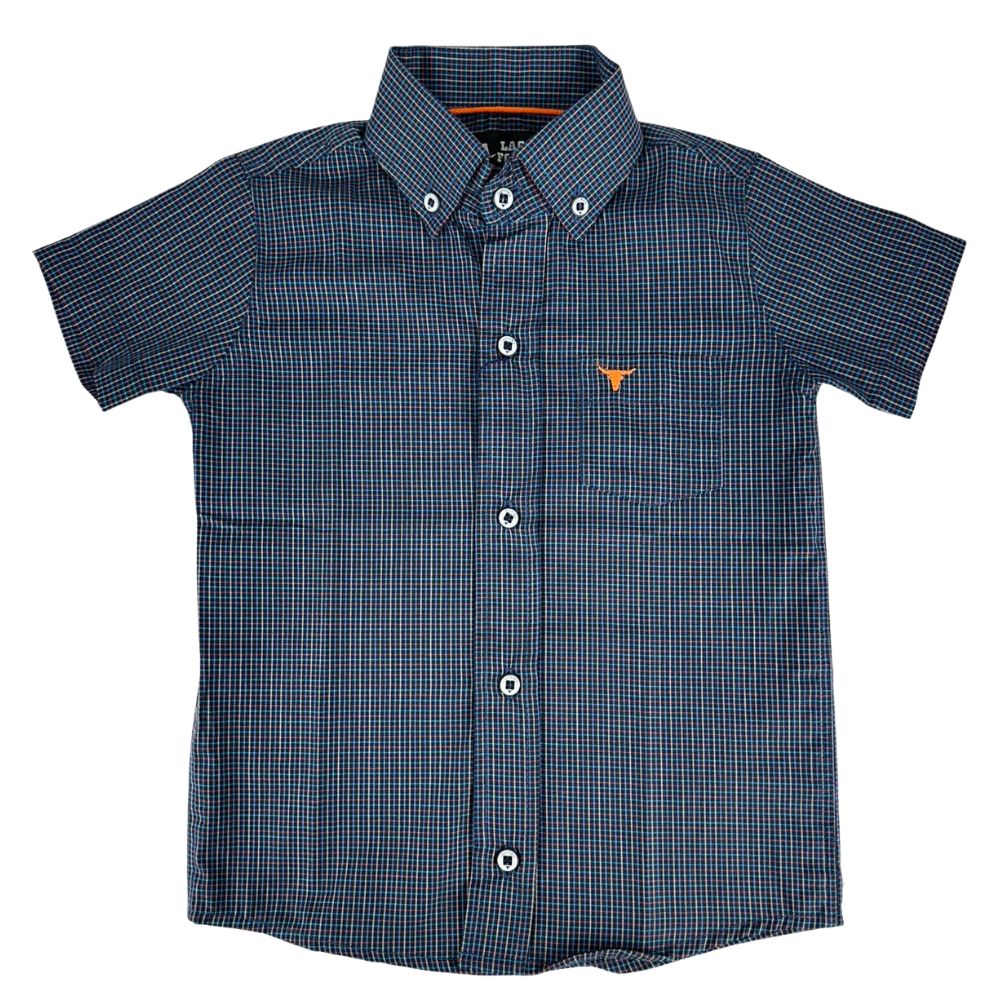 Camisa Infantil Laço Forte Xadrez Azul Escuro Manga Curta Com Logo Laranja Neon Ref:1710