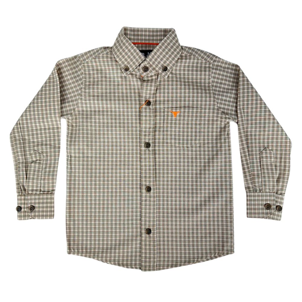 Camisa Infantil Laço Forte Xadrez Bege Manga Longa Com Logo Laranja Neon Ref:1711